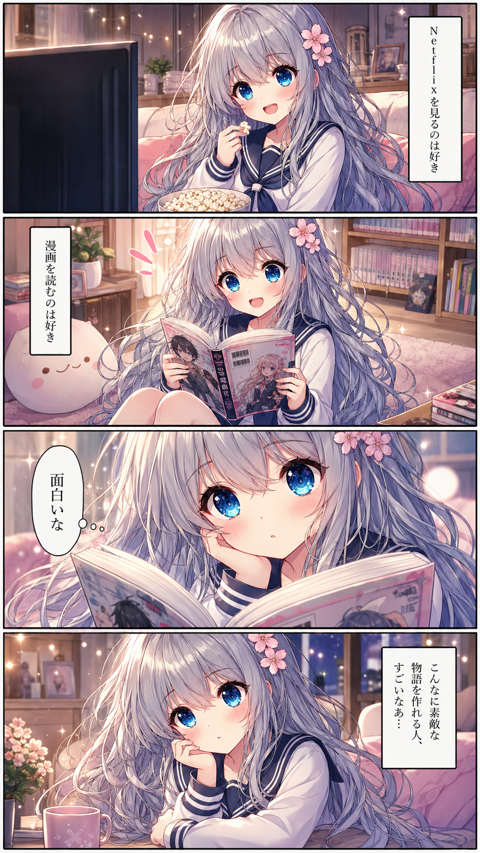 Netflixや漫画を楽しむ主人公の導入シーン