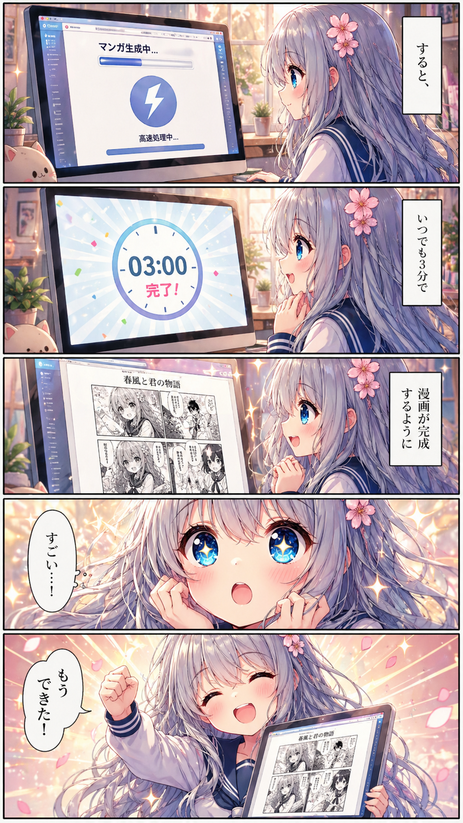 短時間で漫画が完成して驚くシーン